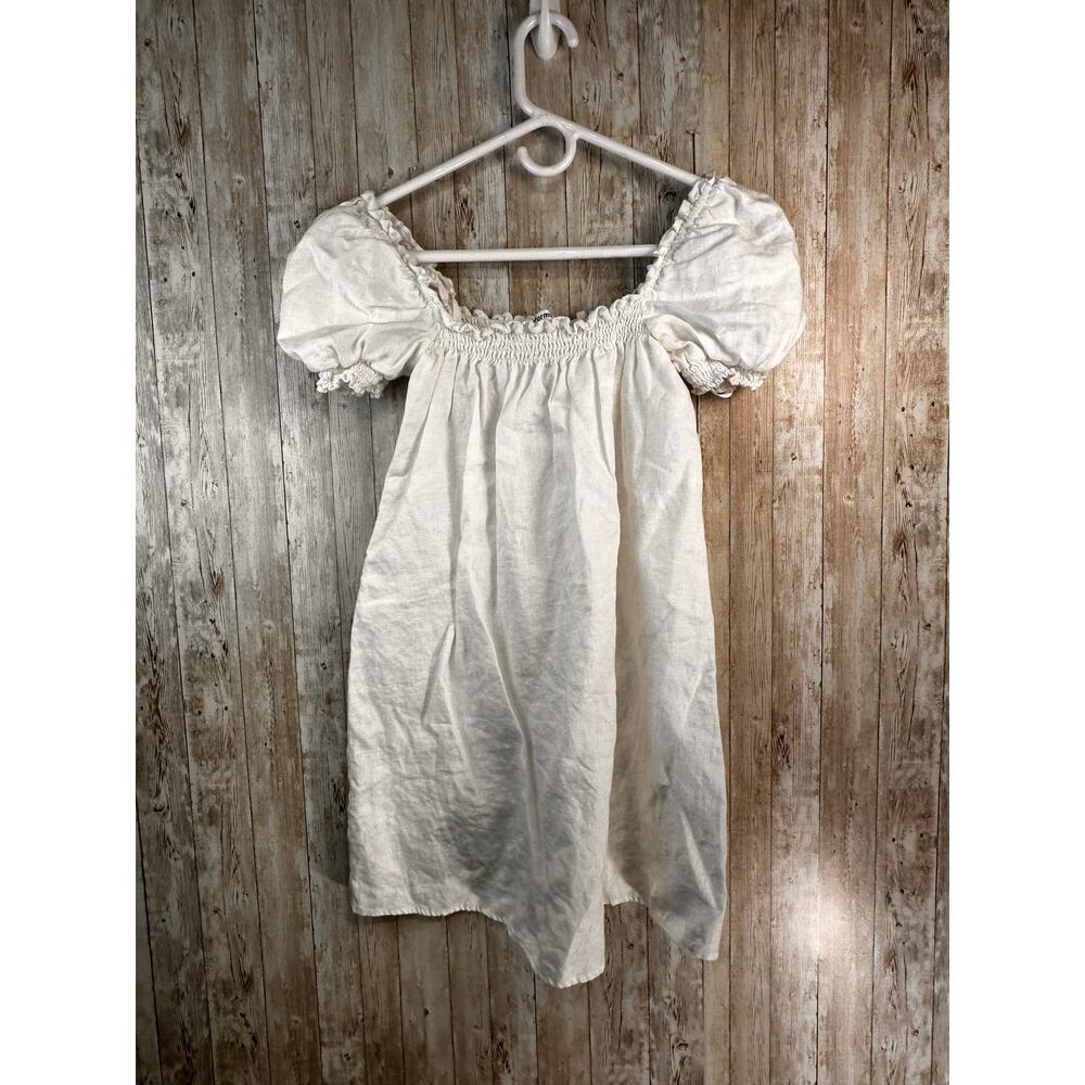 Reformation Girls Linen Dress S White Puff Short Sleeve Off Shoulder Socked Neck